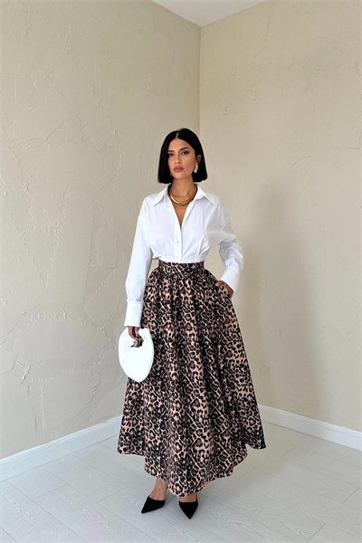 Leopar Büzgülü Uzun Etek