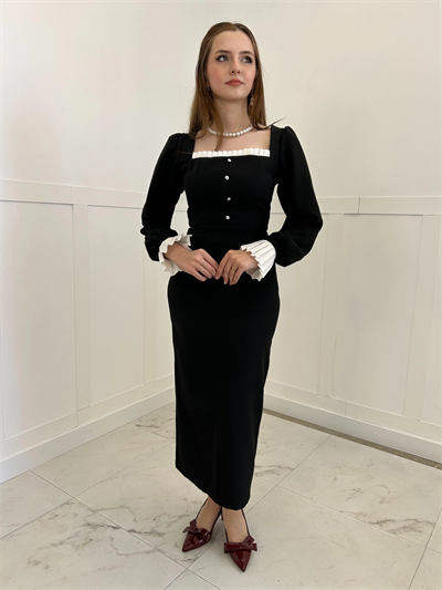 Loya Kol ve Göğüs Detaylı Vintage Elbise
