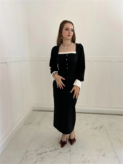 Loya Kol ve Göğüs Detaylı Vintage Elbise