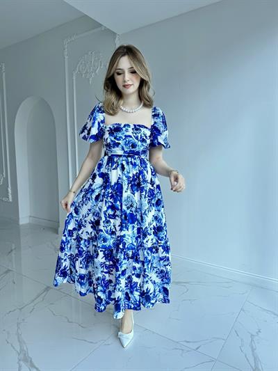 Mavi Beyaz Çiçekli Kare Yaka Elbise
