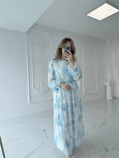 Mavi Beyaz Maxi Boy Şifon Elbise