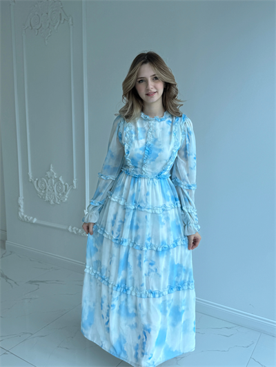 Mavi Beyaz Maxi Boy Şifon Elbise