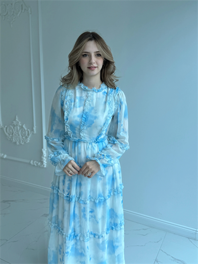 Mavi Beyaz Maxi Boy Şifon Elbise