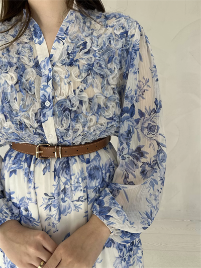 Mavi Çiçekli Kemerli Şifon Elbise