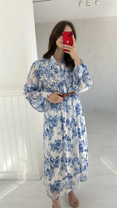 Mavi Çiçekli Kemerli Şifon Elbise