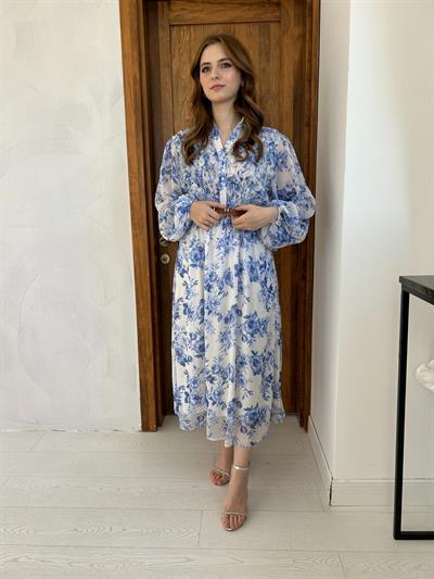 Mavi Çiçekli Kemerli Şifon Elbise