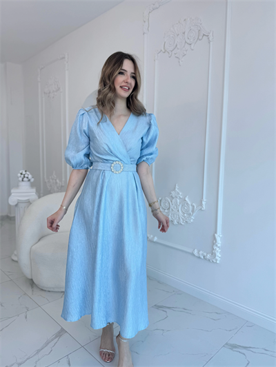 Mavi Işıltılı Kemerli Kruvaze Elbise