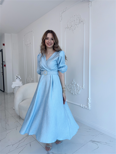 Mavi Işıltılı Kemerli Kruvaze Elbise