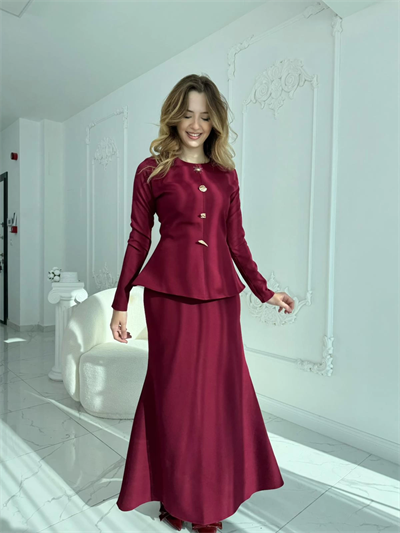 Metal Düğme Detaylı Atlas Kumaş Bordo Takım