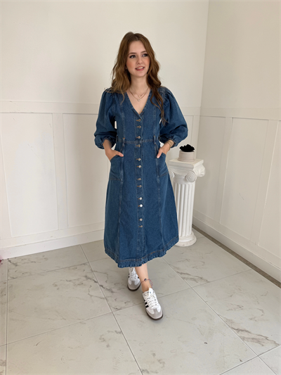 Midi Boy Düğmeli Kot Elbise