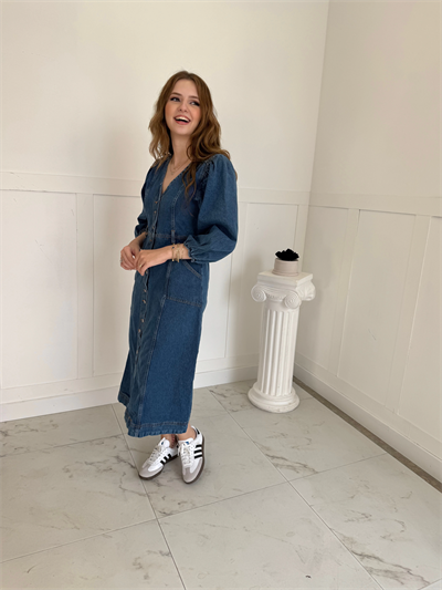 Midi Boy Düğmeli Kot Elbise