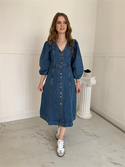 Midi Boy Düğmeli Kot Elbise