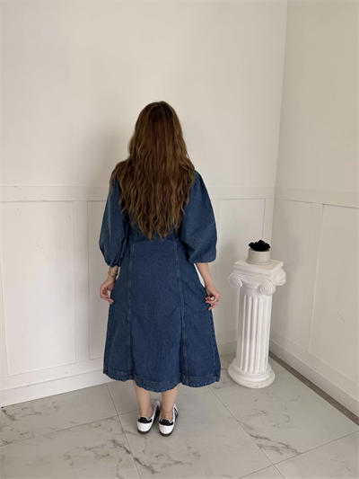 Midi Boy Düğmeli Kot Elbise