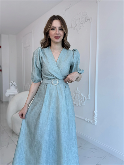Mint Işıltılı Kemerli Kruvaze Elbise