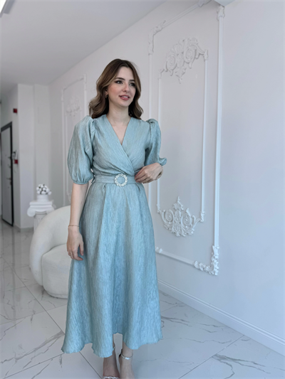 Mint Işıltılı Kemerli Kruvaze Elbise