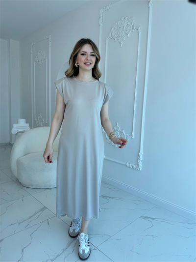 Modal Kumaş Vatkalı Maxi Boy Bej Elbise