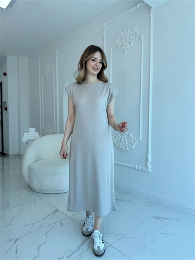 Modal Kumaş Vatkalı Maxi Boy Bej Elbise