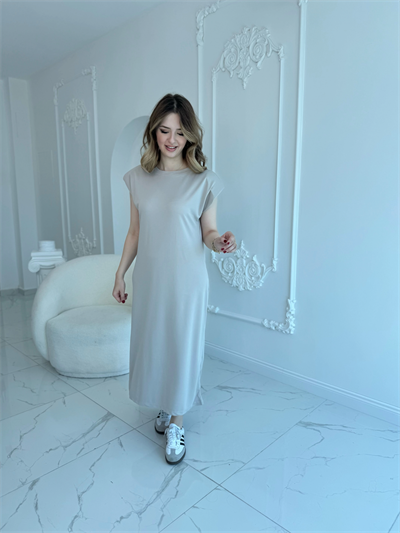 Modal Kumaş Vatkalı Maxi Boy Bej Elbise