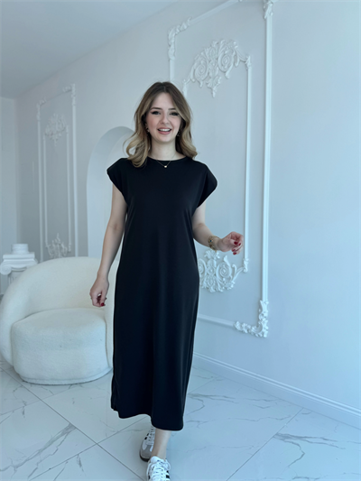 Modal Kumaş Vatkalı Maxi Boy Siyah Elbise
