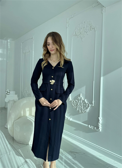 Modern Tasarım Altın Düğme Detaylı Kemerli Lacivert Elbise