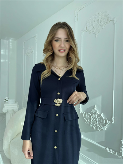 Modern Tasarım Altın Düğme Detaylı Kemerli Lacivert Elbise