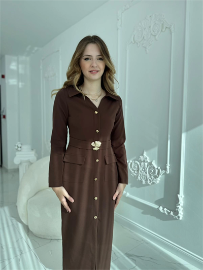 Modern Tasarım Altın Düğme Detaylı Kemerli Kahve Elbise