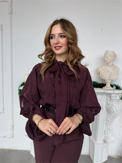 Mürdüm Fular Yaka Çizgili Balon Kol Tasarım Bluz