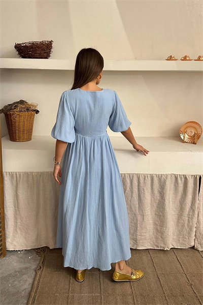 Müslin Kumaş Kuşaklı Uzun Mavi Elbise
