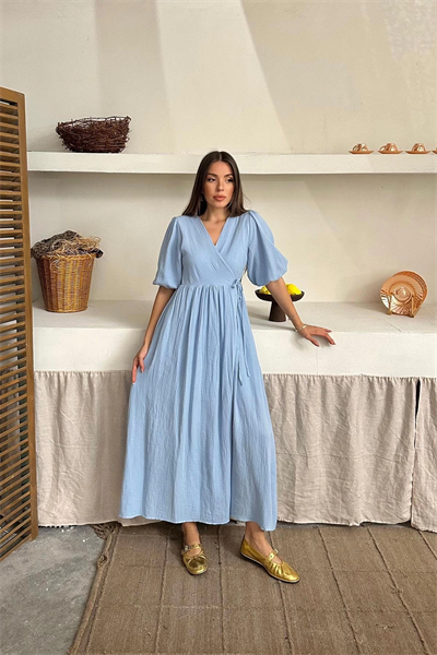 Müslin Kumaş Kuşaklı Uzun Mavi Elbise