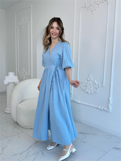 Müslin Kumaş Kuşaklı Uzun Mavi Elbise