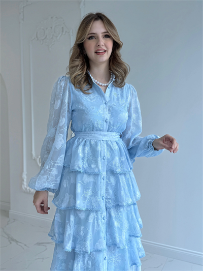 Nakış İşlemeli Kat Kat Volanlı Bebe Mavi Elbise