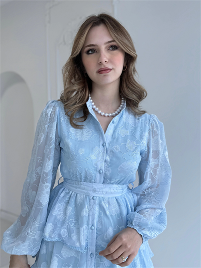 Nakış İşlemeli Kat Kat Volanlı Bebe Mavi Elbise