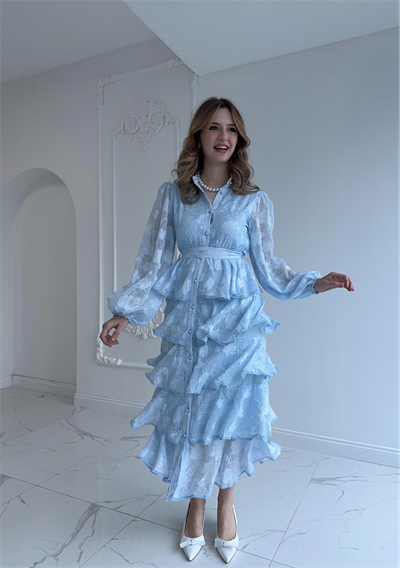 Nakış İşlemeli Kat Kat Volanlı Bebe Mavi Elbise