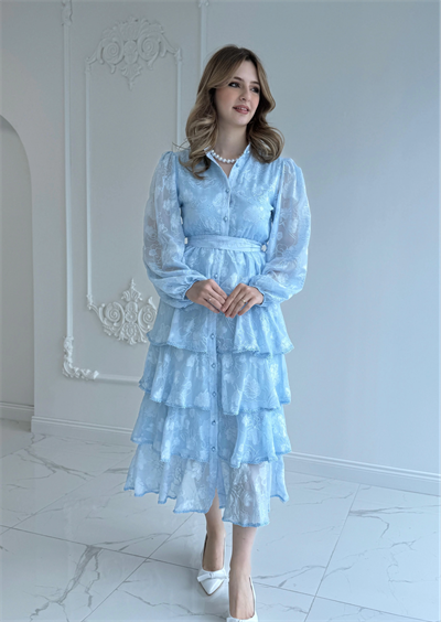 Nakış İşlemeli Kat Kat Volanlı Bebe Mavi Elbise