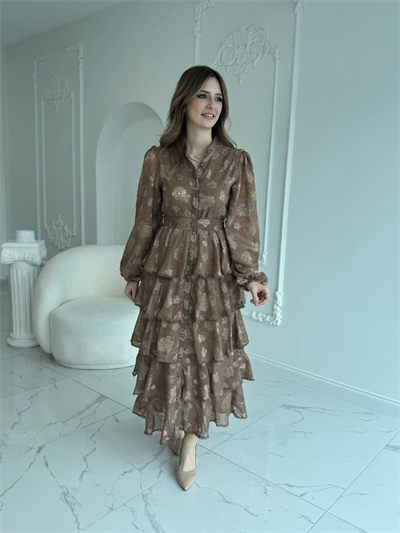 Nakış İşlemeli Kat Kat Volanlı Kahve Elbise