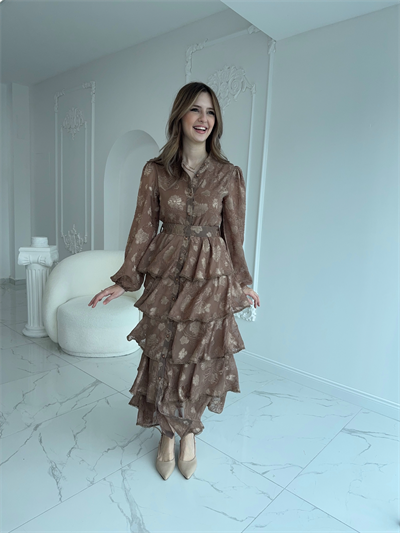 Nakış İşlemeli Kat Kat Volanlı Kahve Elbise