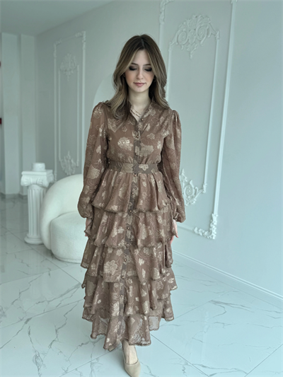 Nakış İşlemeli Kat Kat Volanlı Kahve Elbise