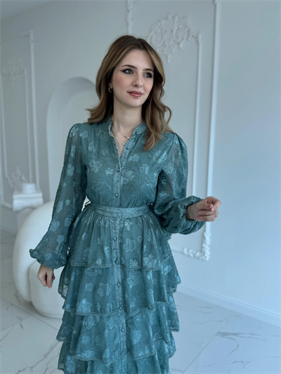 Nakış İşlemeli Kat Kat Volanlı Mint Elbise