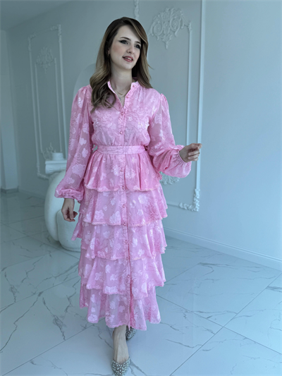 Nakış İşlemeli Kat Kat Volanlı Pembe Elbise