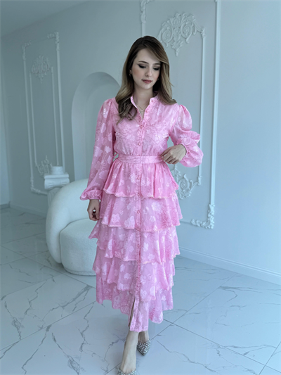 Nakış İşlemeli Kat Kat Volanlı Pembe Elbise