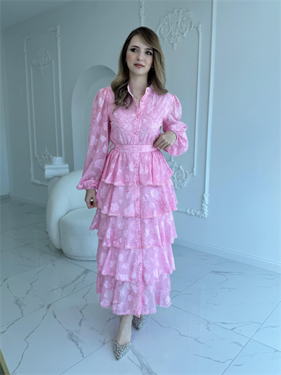 Nakış İşlemeli Kat Kat Volanlı Pembe Elbise