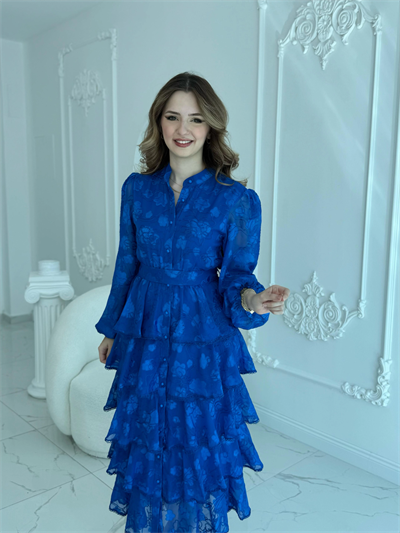 Nakış İşlemeli Kat Kat Volanlı Saks Elbise