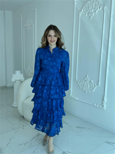 Nakış İşlemeli Kat Kat Volanlı Saks Elbise