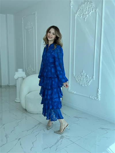 Nakış İşlemeli Kat Kat Volanlı Saks Elbise