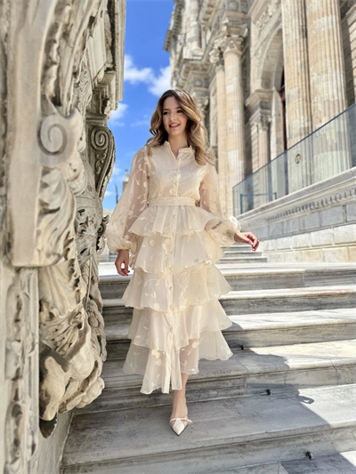 Nakışlı Karolin Kumaş Volanlı Kat Kat Bej Kuşaklı Elbise