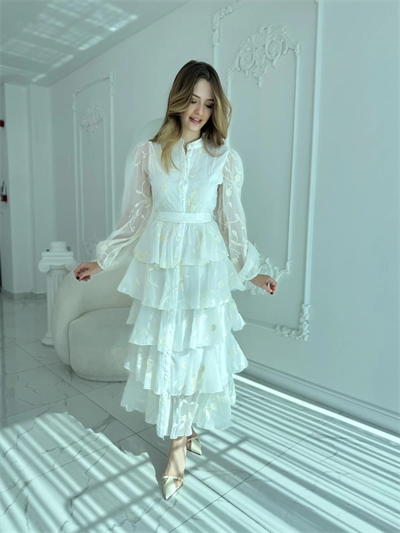 Nakışlı Karolin Kumaş Volanlı Kat Kat Ekru Kuşaklı Elbise