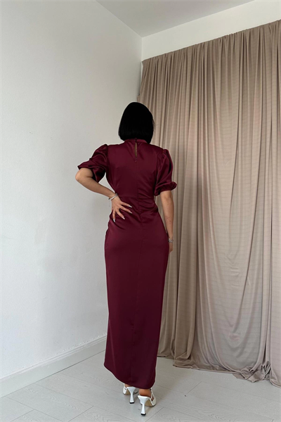 Önü Büzgülü Bordo Saten Elbise