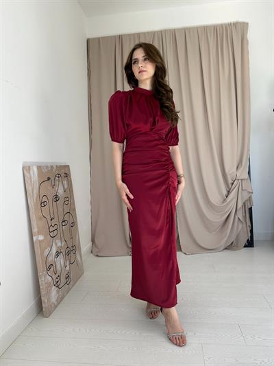 Önü Büzgülü Bordo Saten Elbise