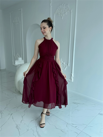Önü Büzgülü Eteği Fırfırlı Bordo Şifon Elbise