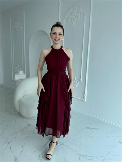 Önü Büzgülü Eteği Fırfırlı Bordo Şifon Elbise
